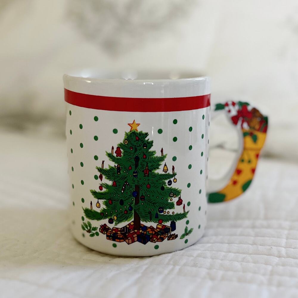 Vintage Christmas Tree Mug Stocking Handle Ceramic Holiday Coffee Cup